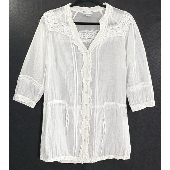 LILLY LOU Women Silk Blend Top Button Front Lace 3/4 Sleeve Sz M White 71-3 - Picture 1 of 10